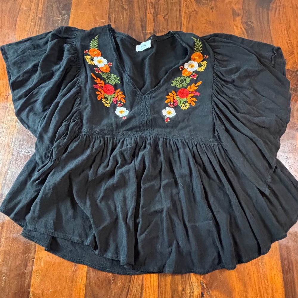 Bluivy Black Floral Embroidered Flutter Sleeve Babydoll Boho Blouse Large